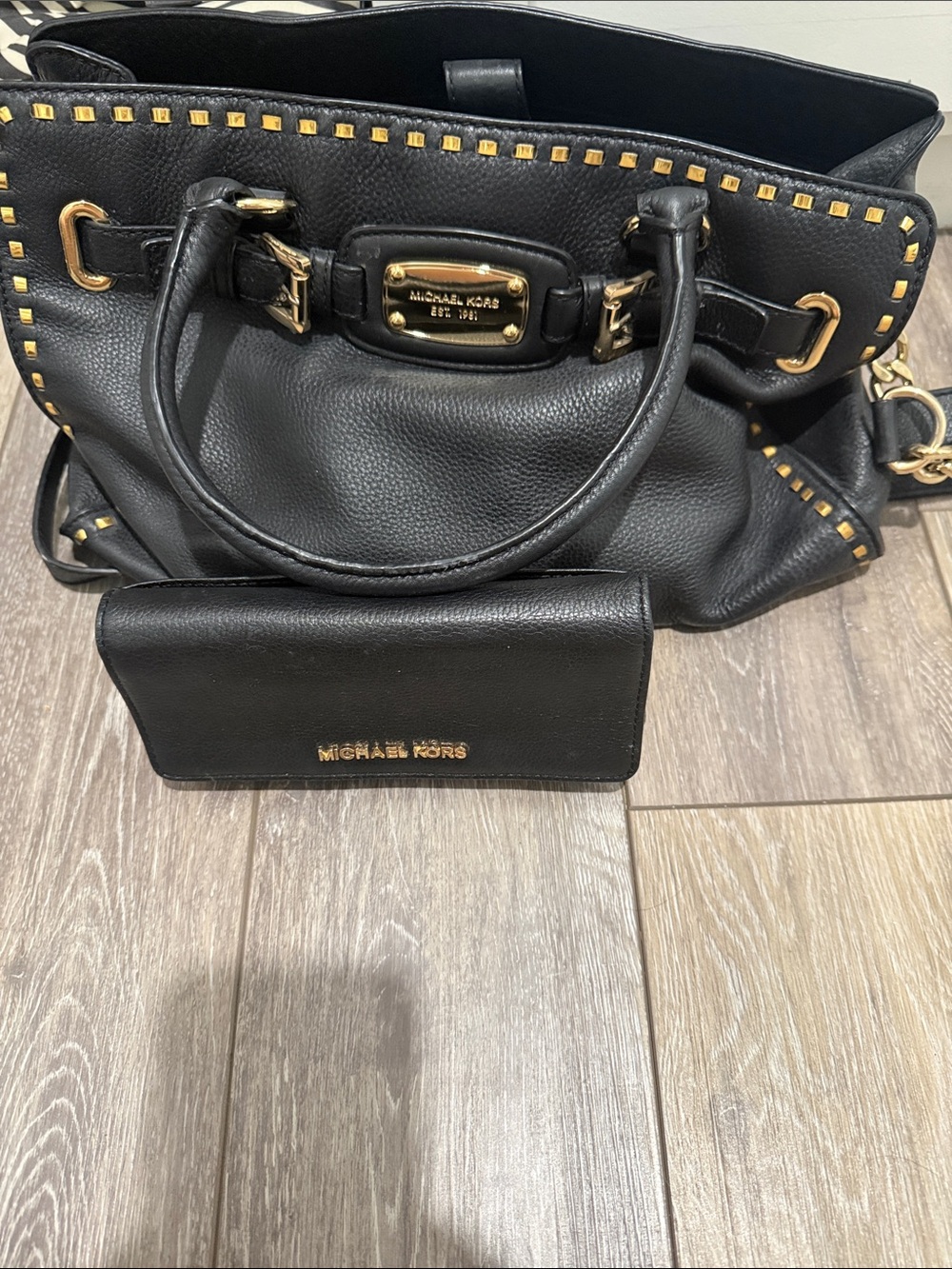 Michael Kors Black Pebble Leather Shoulder Bag with Gold Stud Accents
